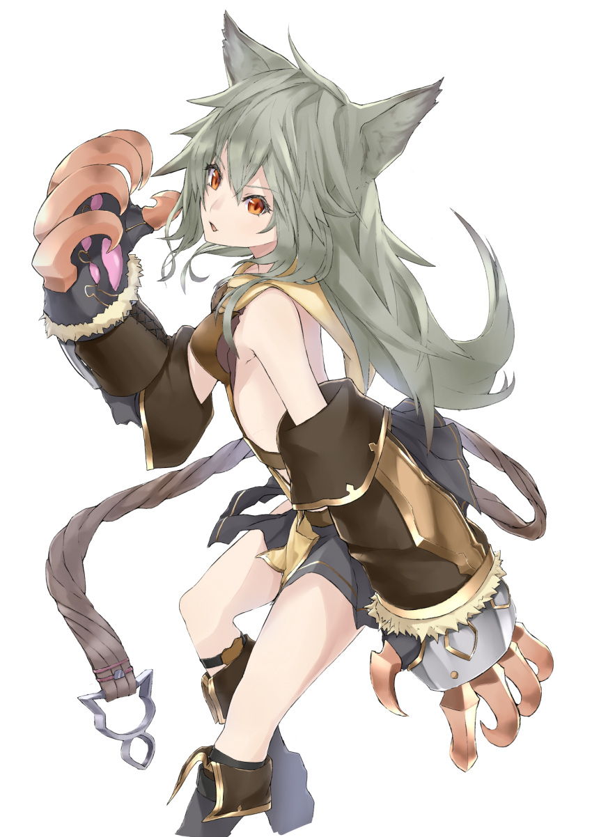 1girl :3 animal_ears blush breasts claw_(weapon) claws collar erun_(granblue_fantasy) gloves granblue_fantasy hair_between_eyes highres long_hair looking_at_viewer red_eyes sen_(granblue_fantasy) silver_hair simple_background skirt smile solo weapon