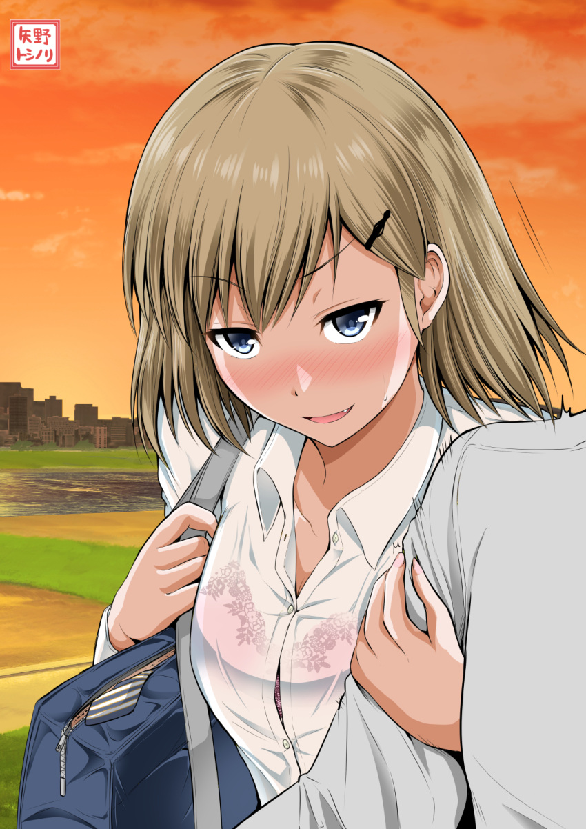 bag blue_eyes blush bra breasts carrying cityscape commentary_request fang hair_ornament hairclip hand_on_another's_arm highres leaning_on_person light_brown_hair looking_at_viewer medium_breasts necktie necktie_removed open_mouth original pink_bra river sabo_rin saborou school_bag school_uniform see-through shirt short_hair shoulder_carry smile sunset underwear wet wet_clothes wet_shirt white_shirt yano_toshinori