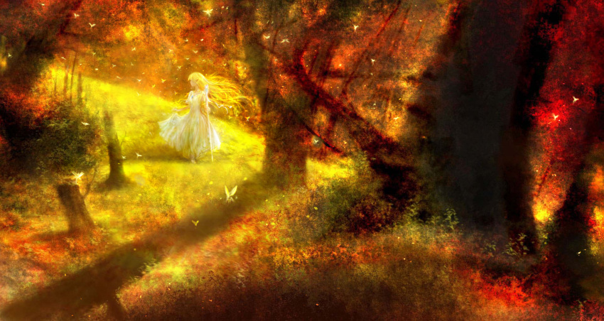 00 1girl autumn autumn_leaves blonde_hair blurry butterfly dress elf fantasy forest grass highres jewelry light_particles long_hair looking_away looking_back nature original pendant pointy_ears scenery shadow solo staff texture tree walking white_dress wind