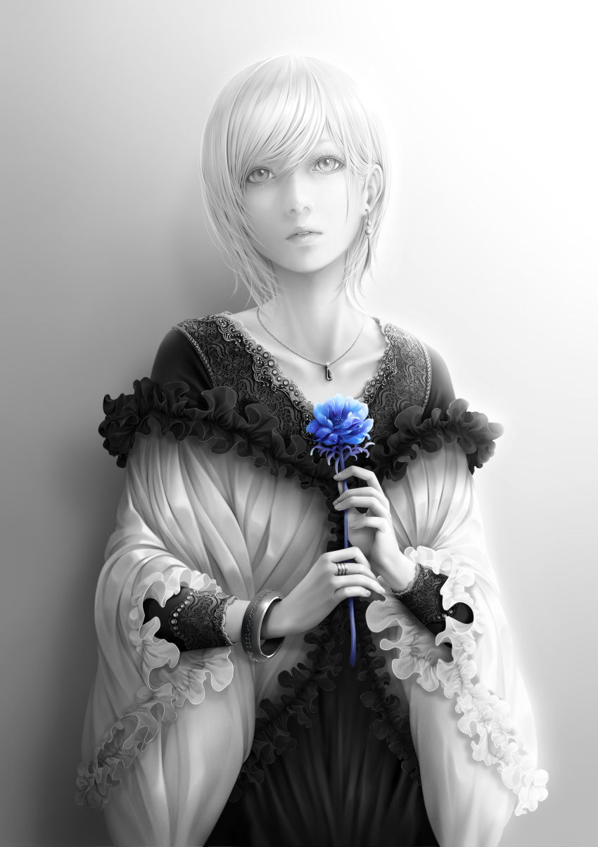 1girl absurdres bangs blue_rose bouno_satoshi collarbone flower hair_between_eyes head_tilt highres holding holding_flower jewelry looking_up monochrome necklace original parted_lips realistic ring rose short_hair single_earring solo spot_color swept_bangs