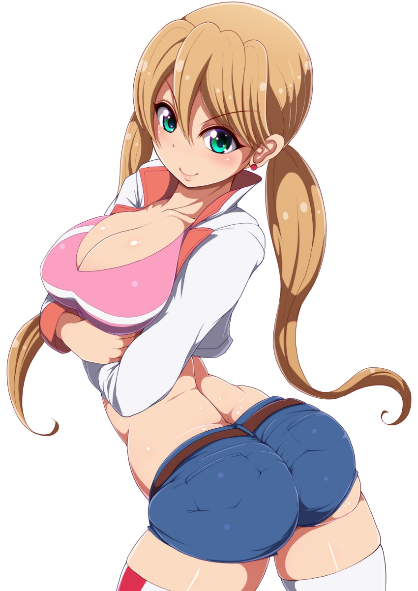 1girl blonde_hair breasts cleavage collarbone denim denim_shorts earrings green_eyes gundam gundam_tekketsu_no_orphans highres jewelry lafter_frankland large_breasts long_hair looking_at_viewer ponpo short_shorts shorts simple_background solo thigh-highs twintails white_background white_legwear