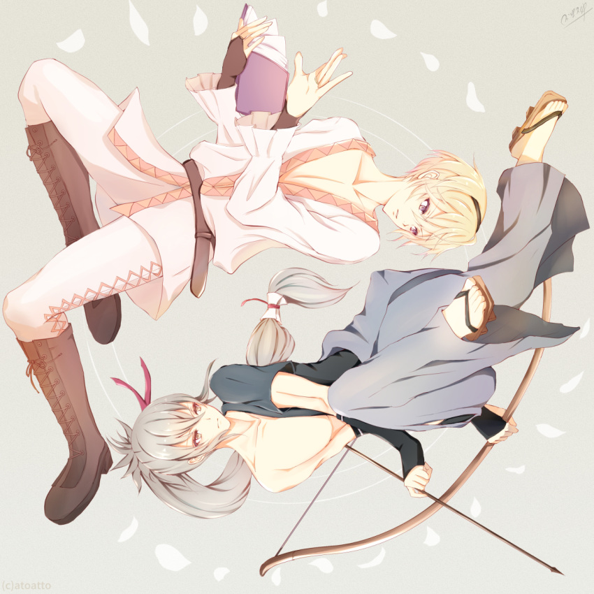 2boys arrow artist_name atodonotea belt blonde_hair book boots bow_(weapon) brown_eyes fire_emblem fire_emblem_if grey_background grey_hair highres jewelry leon_(fire_emblem_if) long_hair multiple_boys petals ponytail ring sandals simple_background takumi_(fire_emblem_if) violet_eyes weapon