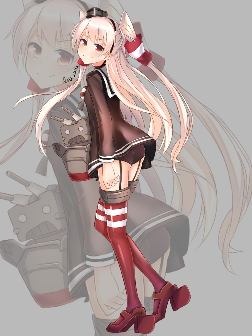 1girl 2014 amatsukaze_(kantai_collection) black_panties black_shirt blonde_hair brown_eyes dress_shirt garter_straps google_(asdek18) hair_ornament highres kantai_collection long_hair looking_at_viewer panties shirt signature smile solo thigh-highs underwear zoom_layer