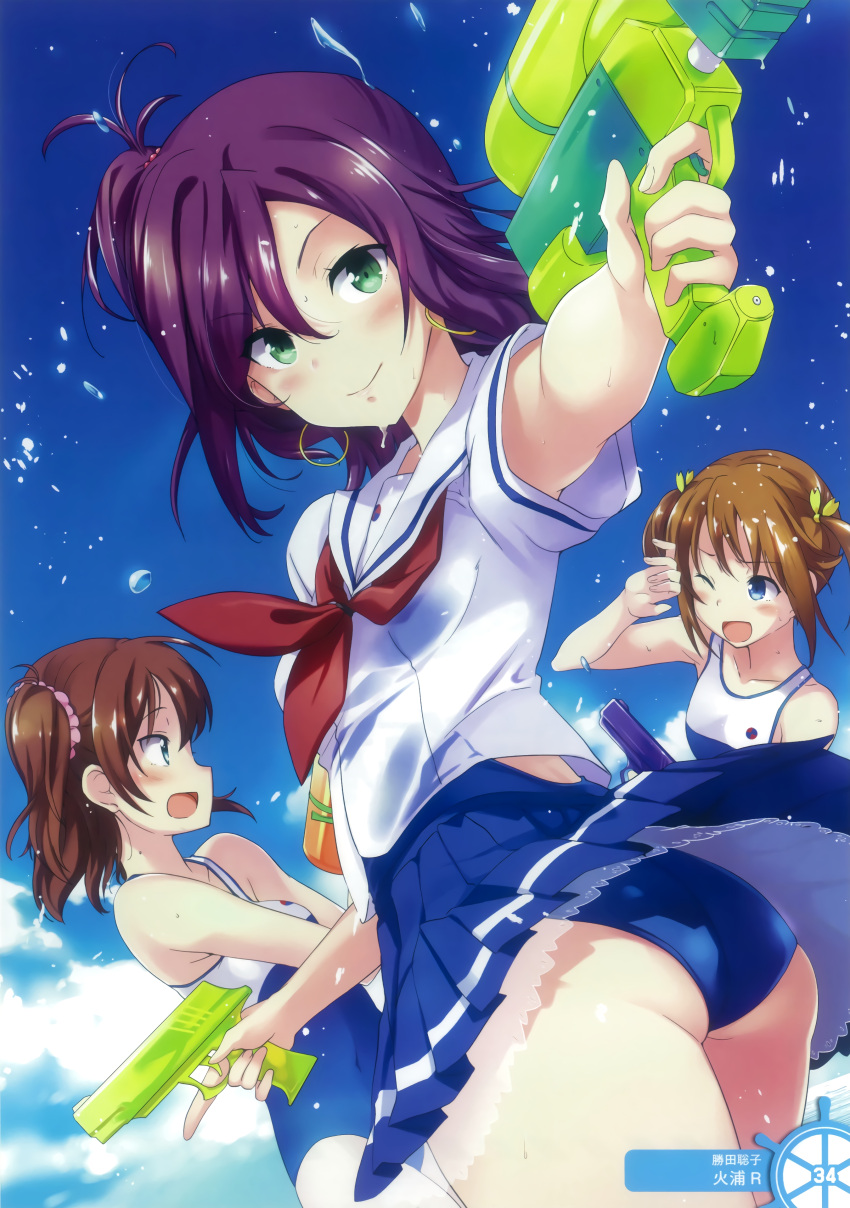 3girls absurdres bare_shoulders blue_eyes blue_skirt blue_swimsuit brown_hair collarbone earrings green_eyes gun hair_ornament hair_ribbon hair_scrunchie high_school_fleet highres hiura_r holding holding_gun holding_weapon jewelry katsuta_satoko looking_at_viewer misaki_akeno multiple_girls ogasawara_hikari one_eye_closed one_side_up open_mouth outdoors pink_scrunchie pleated_skirt purple_hair ribbon school_swimsuit school_uniform scrunchie see-through serafuku shirt skirt sky smile swimsuit swimsuit_under_clothes two_side_up water_gun weapon wet wet_clothes wet_shirt white_shirt yellow_ribbon