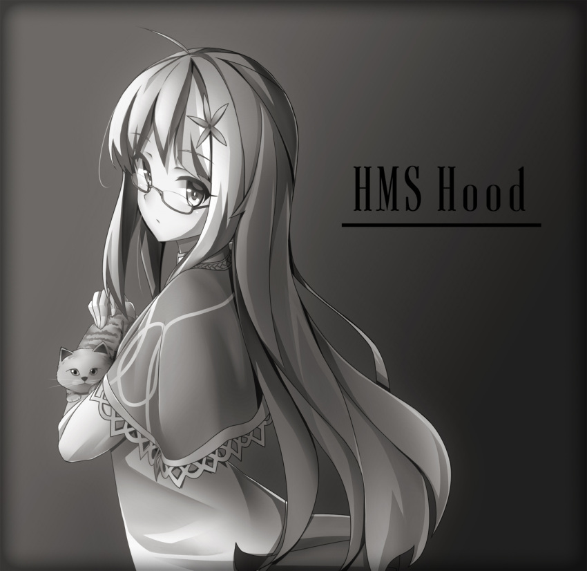 1girl ahoge animal arnold-s cat character_name eyebrows_visible_through_hair flower glasses greyscale hair_flower hair_ornament highres holding holding_animal hood_(zhan_jian_shao_nyu) long_hair looking_at_viewer monochrome solo zhan_jian_shao_nyu