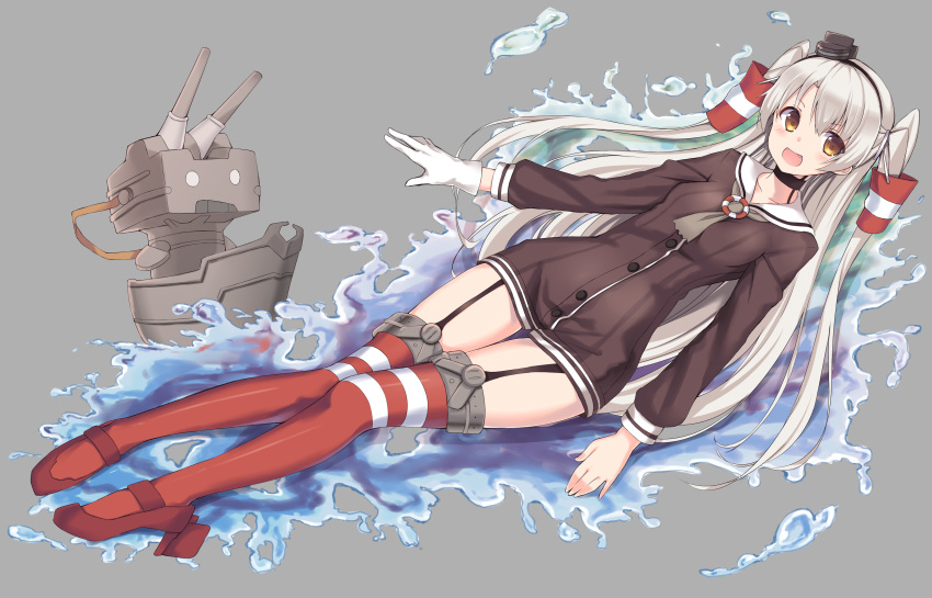 1girl absurdres amatsukaze_(kantai_collection) asymmetrical_gloves brown_eyes collar collarbone dress_shirt garter_straps gloves google_(asdek18) grey_background hair_ornament hairband highres kantai_collection long_hair looking_at_viewer open_mouth shirt silver_hair simple_background solo thigh-highs twintails white_gloves