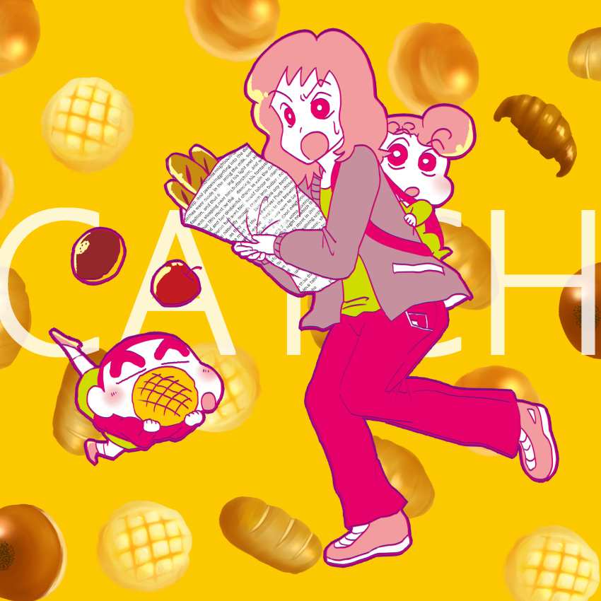 apple baby bag baguette bread cake chobisato crayon_shin-chan dorayaki food fruit highres koyama_musae nohara_himawari nohara_shinnosuke pancake wagashi yellow_background