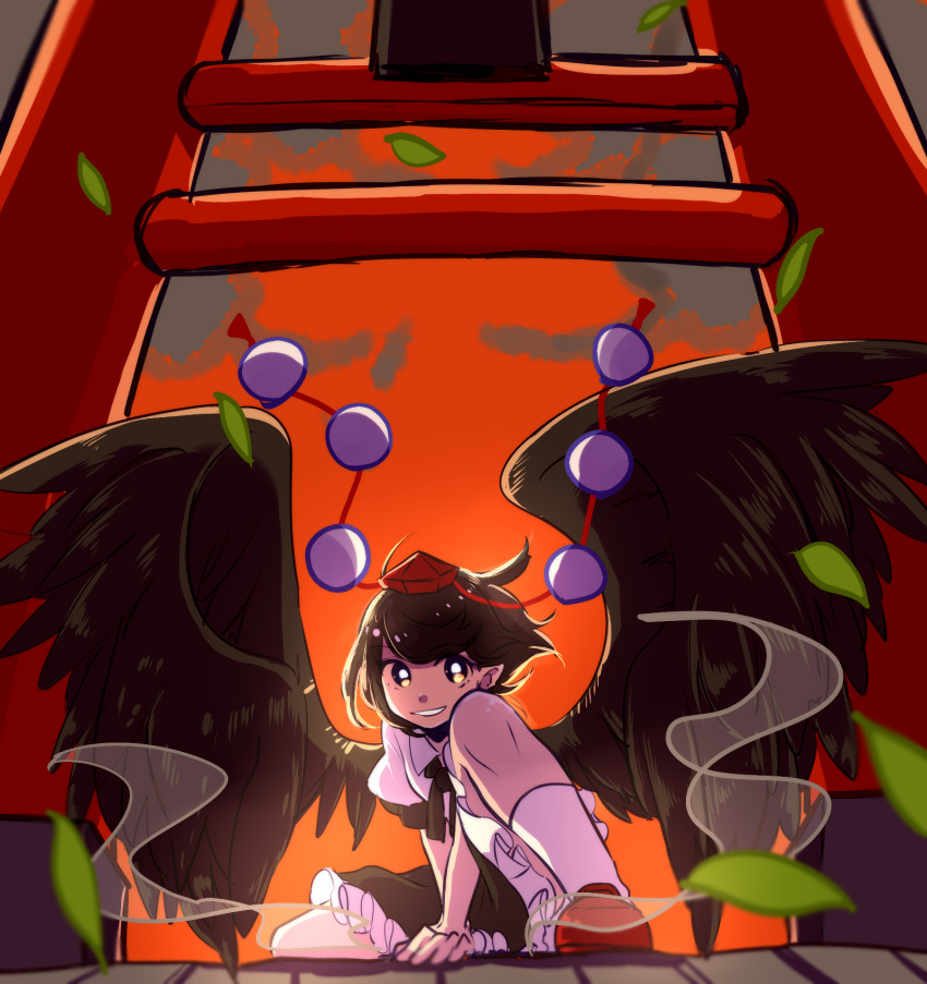 1girl ark_tr black_hair black_wings commentary_request evening feathered_wings grin hat highres looking_at_viewer orange_sky pointy_ears pom_pom_(clothes) puffy_short_sleeves puffy_sleeves shameimaru_aya shirt short_hair short_sleeves skirt sky smile solo tokin_hat torii touhou wings
