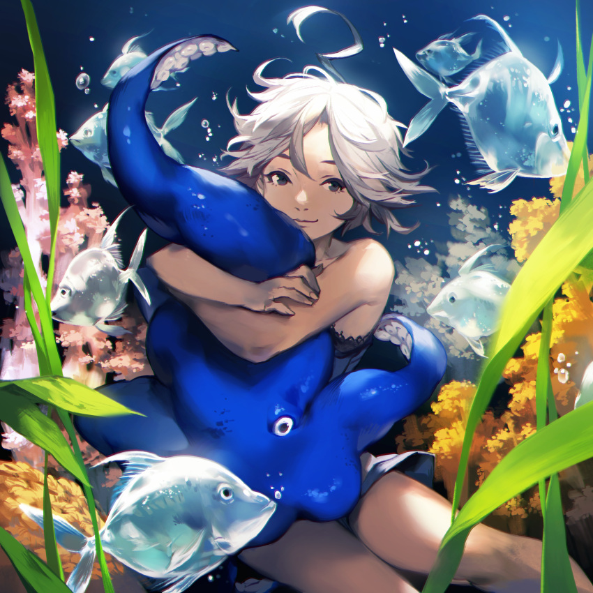 1girl ahoge bare_arms bare_shoulders bubble closed_mouth commentary_request coral feet_out_of_frame fish grey_eyes grey_hair highres hug lee_hyeseung lingerie long_hair looking_at_viewer negligee octopus original plant short_hair smile solo underwater underwear