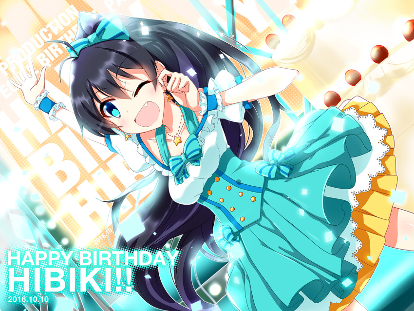 antenna_hair black_hair earrings fang ganaha_hibiki hair_ribbon happy_birthday idolmaster jewelry long_hair one_eye_closed open_mouth ponytail ribbon sagamihara_sakyou smile tears