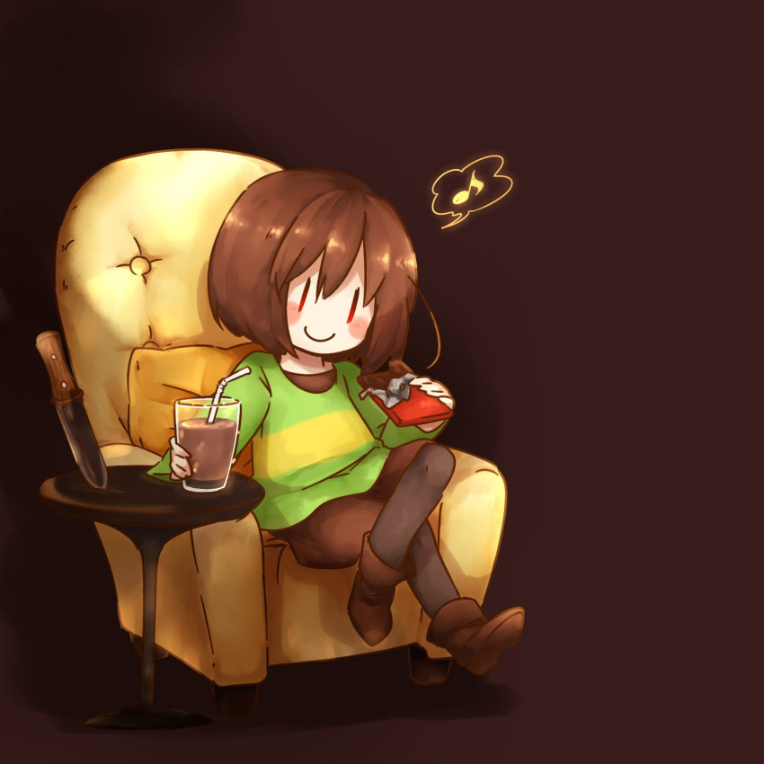 androgynous armchair blush_stickers brown_hair chair chara_(undertale) chocolate_bar chocolate_milk commentary_request crossed_legs drinking_straw glass highres iiwake knife musical_note pillow shirt short_hair sitting smile solo spoken_musical_note striped striped_shirt undertale |_|
