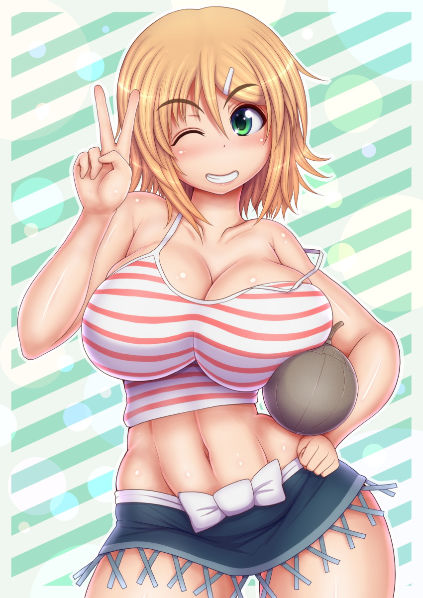 1girl bare_shoulders blonde_hair breasts character_request cleavage green_eyes grin hair_ornament hairclip highres large_breasts long_hair looking_at_viewer navel ponpo senran_kagura senran_kagura_(series) skirt smile solo striped_tank_top thighs v wink