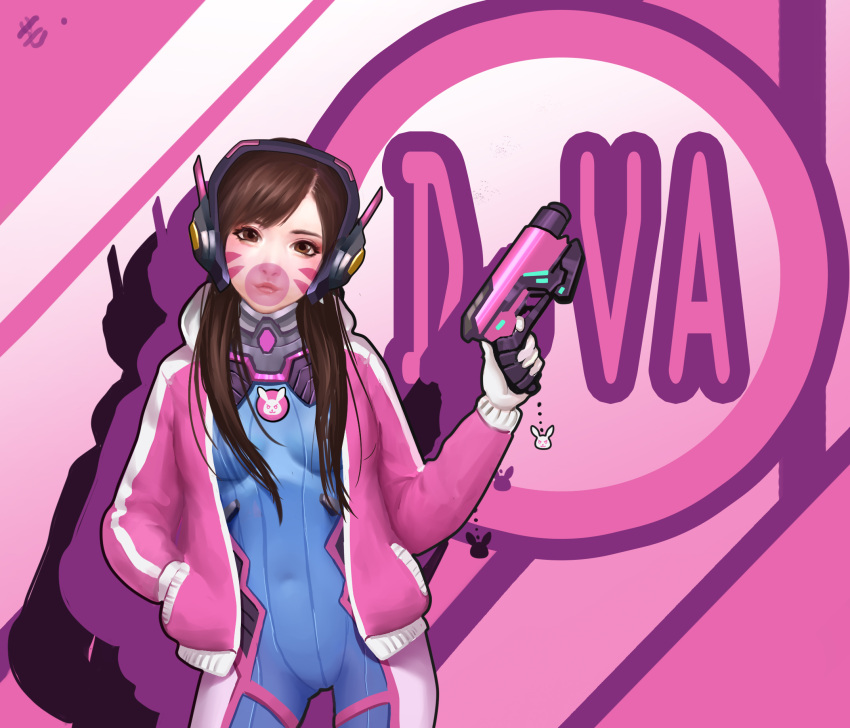 1girl bangs bodysuit boots breasts breasts_apart brown_hair bunny_print character_name charm_(object) closed_mouth contrapposto covered_navel cowboy_shot d.va_(overwatch) eyelashes facepaint facial_mark finger_on_trigger gloves gun hand_in_pocket hand_up handgun headphones highres holding holding_gun holding_weapon jacket legs_apart letterman_jacket lips lipstick long_hair long_sleeves makeup medium_breasts open_clothes open_jacket overwatch pilot_suit pink_eyes pink_jacket pink_lips pink_lipstick qian_mang_mang ribbed_bodysuit skin_tight solo thigh-highs thigh_boots thigh_strap turtleneck weapon whisker_markings white_boots white_gloves