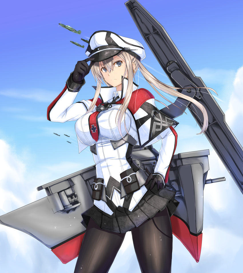 1girl aa_gun absurdres adjusting_clothes adjusting_hat anchor bf_109 black_gloves black_legwear blonde_hair breasts cannon capelet celtic_knot clouds cloudy_sky cross flight_deck gloves graf_zeppelin_(kantai_collection) grey_eyes hair_between_eyes hand_on_hip hat highres iron_cross jacket kantai_collection large_breasts luna_(gunfire) machinery military military_uniform miniskirt necktie outdoors pantyhose peaked_cap sidelocks skirt sky solo tsurime twintails uniform white_hat