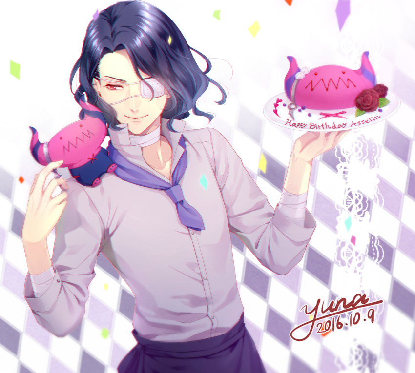 1boy 2016 apron artist_name asselin_bb_ii bandages character_name chef confetti cursive dated earrings eyepatch happy_birthday highres idolmaster idolmaster_side-m jewelry lips looking_at_another male_focus purple_hair red_eyes satan_(idolmaster) signature smile solo stuffed_toy waist_apron wavy_hair yuna_(yuna_plus)