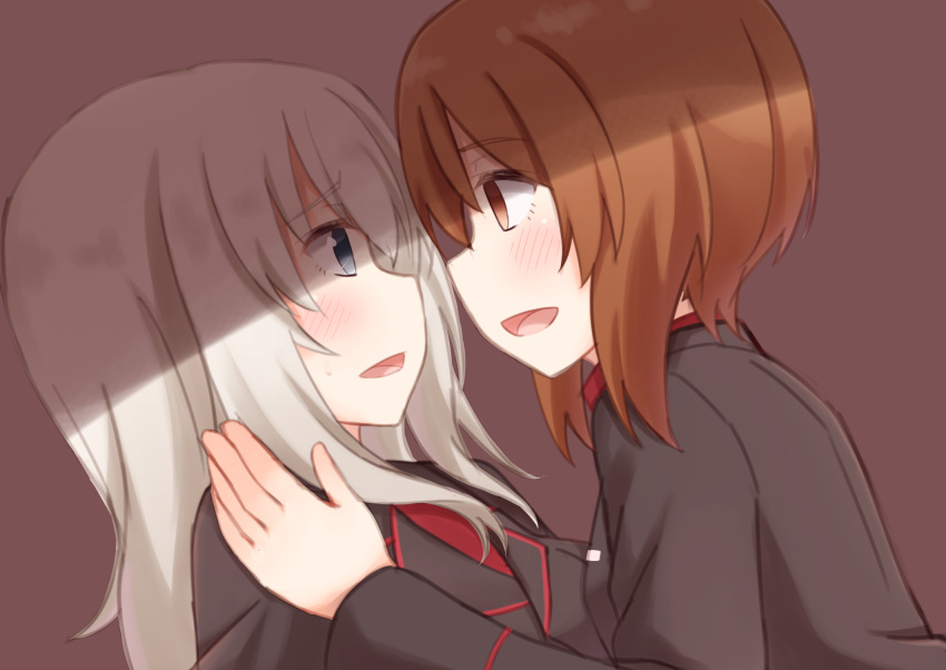 2girls bangs black_jacket blue_eyes blush brown_eyes brown_hair commentary girls_und_panzer grey_background hands_on_another's_shoulders highres itsumi_erika jacket kapatarou long_hair looking_at_another military military_uniform multiple_girls nishizumi_miho parted_lips portrait red_shirt shirt short_hair silver_hair simple_background smile uniform yuri