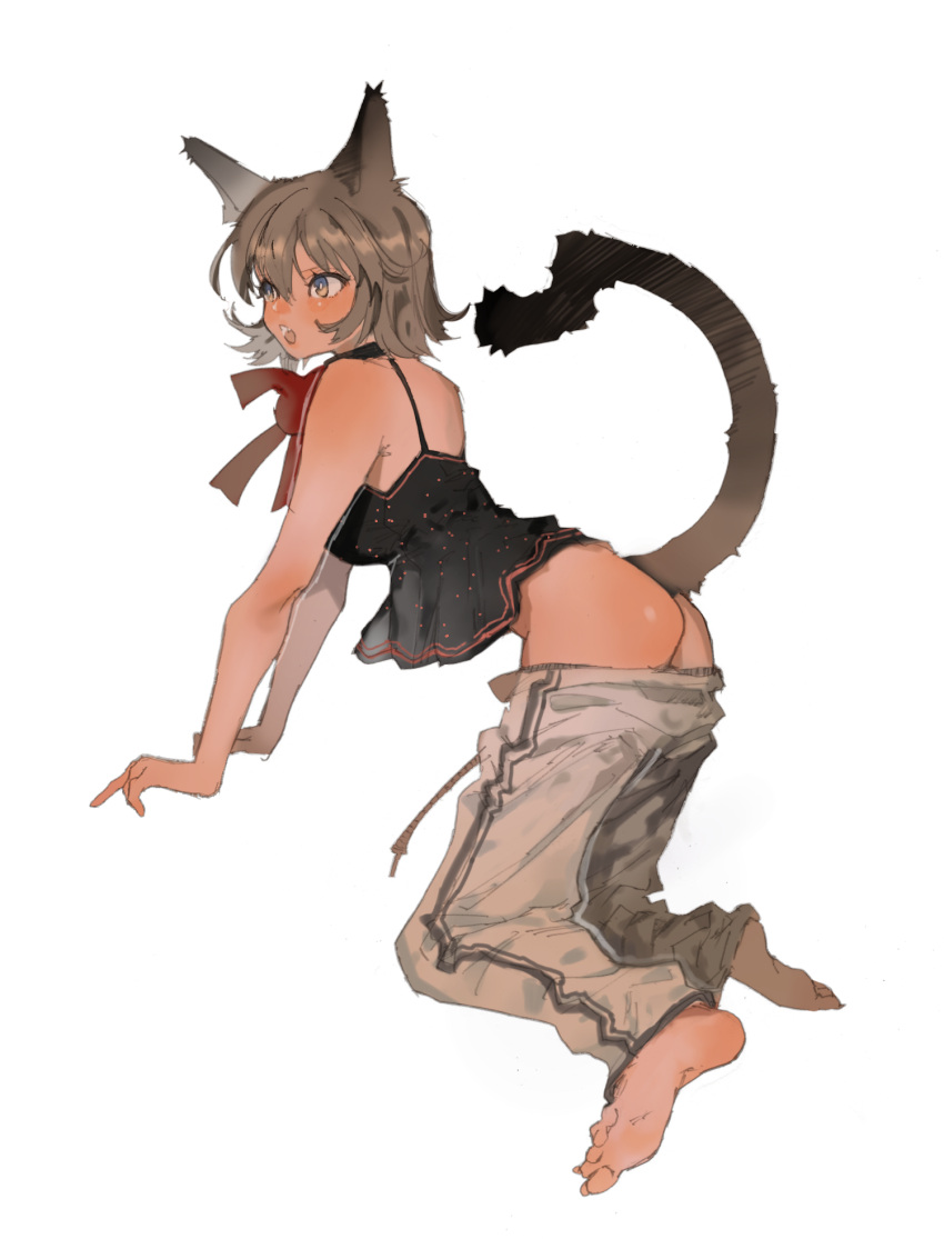 1girl animal_ears aruterra ass brown_hair cat_ears cat_tail highres open_mouth original pants_pull short_hair simple_background solo tail white_background