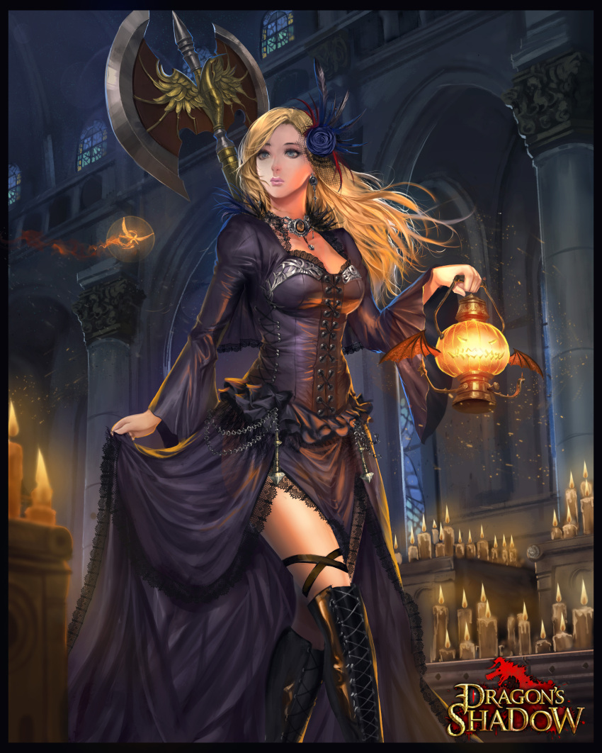 1girl absurdres arch ass blonde_hair blue_eyes boots candle choker dragon's_shadow highres indoors ken_(kenshjn_park) lantern long_hair poleaxe puffy_sleeves see-through solo wide_sleeves wings