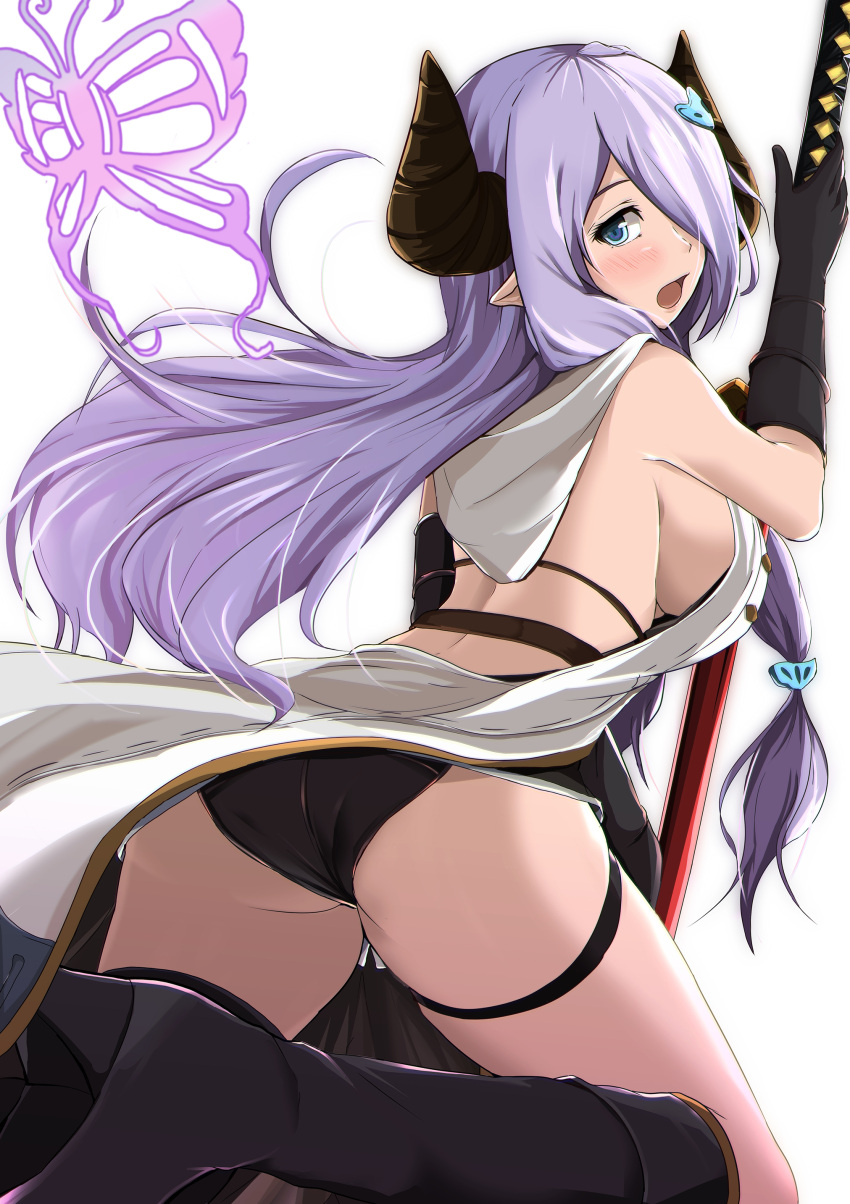 1girl absurdres ass black_boots black_gloves black_panties blue_eyes blush boots breasts butterfly doraf elbow_gloves flat_ass floating_hair from_behind gloves granblue_fantasy hair_ornament hair_over_one_eye high_heel_boots high_heels highres holding holding_sword holding_weapon horns kanzaki_kureha katana large_breasts leg_up long_hair looking_back low-tied_long_hair narumeia_(granblue_fantasy) no_bra open_mouth panties pointy_ears purple_hair sideboob simple_background solo sword underwear weapon white_background