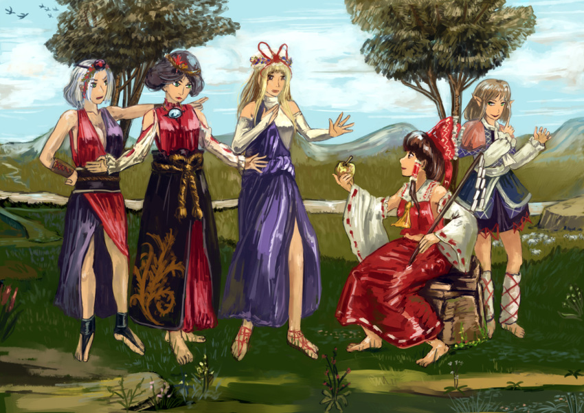 5girls adapted_costume amibazh apple arm_warmers ascot bare_shoulders barefoot bow breasts cleavage detached_sleeves dress faux_traditional_media fine_art_parody food fruit full_body gohei golden_apple hair_bow hair_ornament hair_tubes hakurei_reimu hat hat_ribbon holding holding_fruit japanese_clothes leaf_hair_ornament leg_warmers miko mizuhashi_parsee mob_cap multiple_girls outdoors parody pointy_ears red_bow red_ribbon ribbon ribbon-trimmed_sleeves ribbon_trim sash sidelocks smile touhou wide_sleeves yagokoro_eirin yakumo_yukari yasaka_kanako