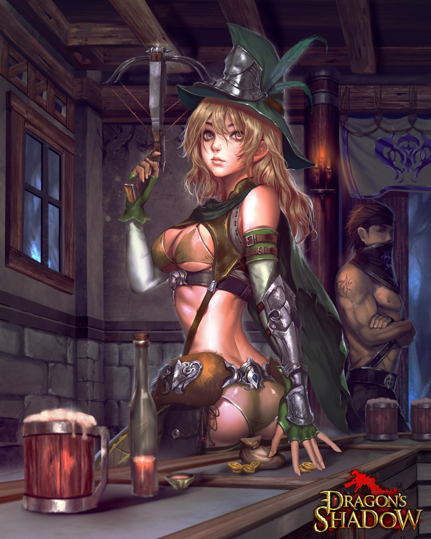 1boy 1girl abs alcohol ass bandana bare_shoulders beer belt bikini blonde_hair bow_(weapon) brown_hair candle coin cowter crossbow crossed_arms cup dimples_of_venus dragon's_shadow elbow_gloves fingerless_gloves flask gloves hat highres indoors ken_(kenshjn_park) lips long_hair mug parted_lips pouch short_hair swimsuit topless vambraces weapon window yellow_eyes