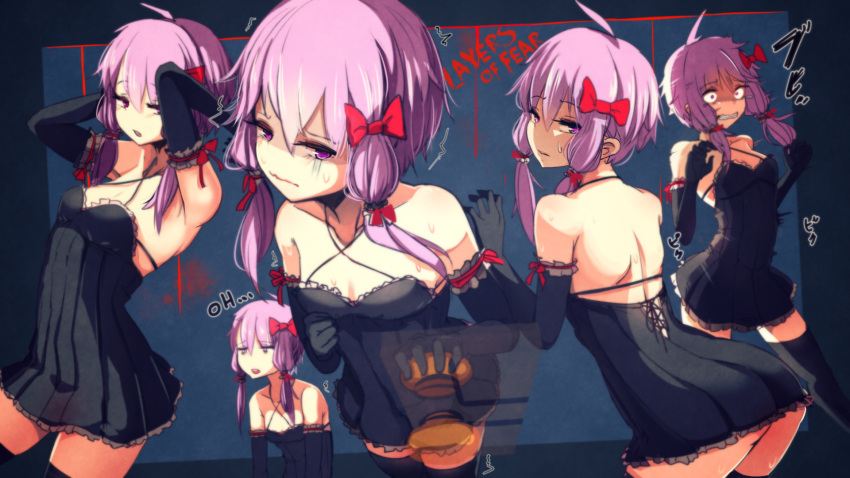 1girl ahoge alternate_costume arms_up at2. bare_shoulders black_dress black_legwear blush commentary_request doorknob dress elbow_gloves gloves hair_ribbon highres leaning_forward looking_at_viewer looking_back open_mouth purple_hair red_ribbon ribbon scared short_dress short_hair short_hair_with_long_locks sleeveless sleeveless_dress solo sweat thigh-highs trembling violet_eyes vocaloid voiceroid wavy_mouth yuzuki_yukari zettai_ryouiki