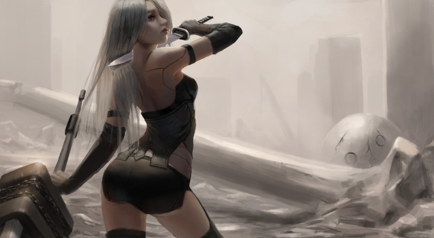 allen_hsieh android arched_back armlet ass black_gloves black_shorts breasts cutting_hair elbow_gloves from_behind gloves highres holding holding_sword holding_weapon legs long_hair medium_breasts nier_(series) nier_automata pink_lips robot robot_joints short_shorts shorts silver_hair sword tank_top weapon yorha_type_a_no._2