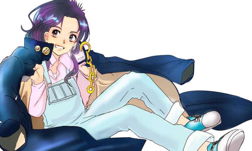 artist_request chain coat highres jojo_no_kimyou_na_bouken overalls oversized_clothes purple_hair runaway_girl_(jojo) sitting smile