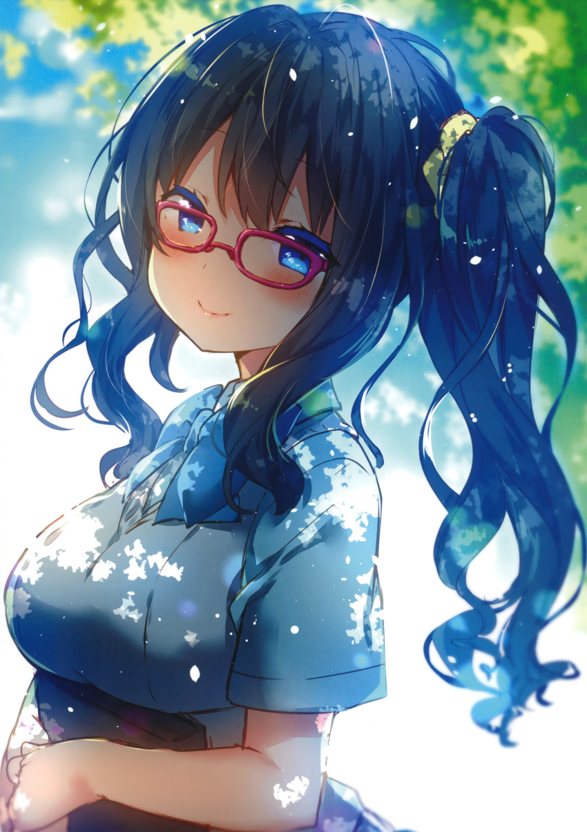 1girl absurdres aqua_bowtie blue_hair blue_shirt blue_sky blurry_background blush book bow bowtie breasts closed_mouth colored_eyelashes day eyebrows eyebrows_visible_through_hair glasses hair_ornament hair_scrunchie hands_together highres holding holding_book light_particles long_hair medium_breasts original outdoors red-framed_eyewear riichu scrunchie shirt side_ponytail sky smile solo tree upper_body