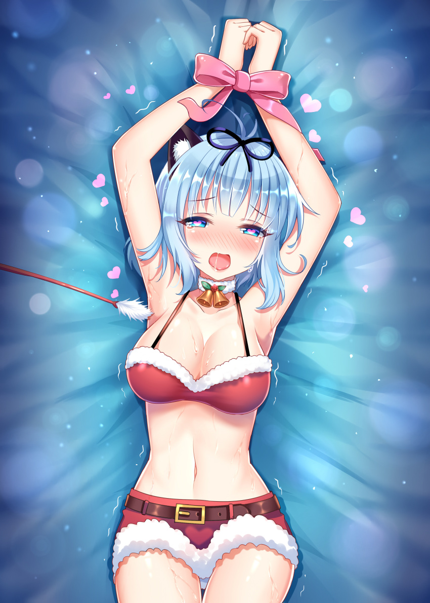 1girl absurdres animal_ears antenna_hair armpits arms_up ass_visible_through_thighs bell bell_choker belt black_ribbon blue_eyes blue_hair blush bound bound_wrists bow bra breasts cat_ears choker cowboy_shot fur_trim hair_ribbon heart heart-shaped_pupils heishan highres lying medium_breasts midriff navel nose_blush on_back onmyoji open_mouth panties pink_bow red_bra red_shorts ribbon saliva santa_costume short_shorts shorts solo stomach sweat symbol-shaped_pupils tears tickle_torture tickling tongue tongue_out trembling underwear