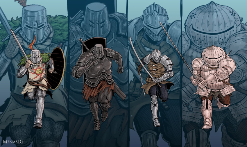 4boys armor artist_name bracer chosen_undead commentary cut-in dark_souls dual_wielding full_armor full_body greaves helm helmet highres iron_tarkus katana knight looking_at_viewer menaslg multiple_boys pauldrons plume running shield siegmeyer_of_catarina solaire_of_astora souls_(from_software) sword tabard two-handed_sword weapon