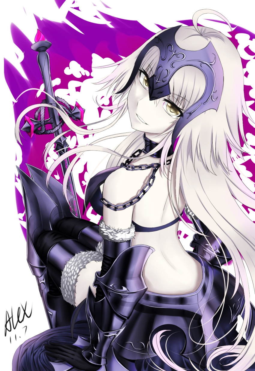 1girl ahoge alexwithoutwing armor back blonde_hair chains dated elbow_gloves fate_(series) from_above from_behind fur-trimmed_gloves fur_trim gloves hair_between_eyes headphones highres jeanne_alter looking_at_viewer looking_back pale_skin ruler_(fate/apocrypha) short_hair solo sword thigh-highs weapon white_background yellow_eyes