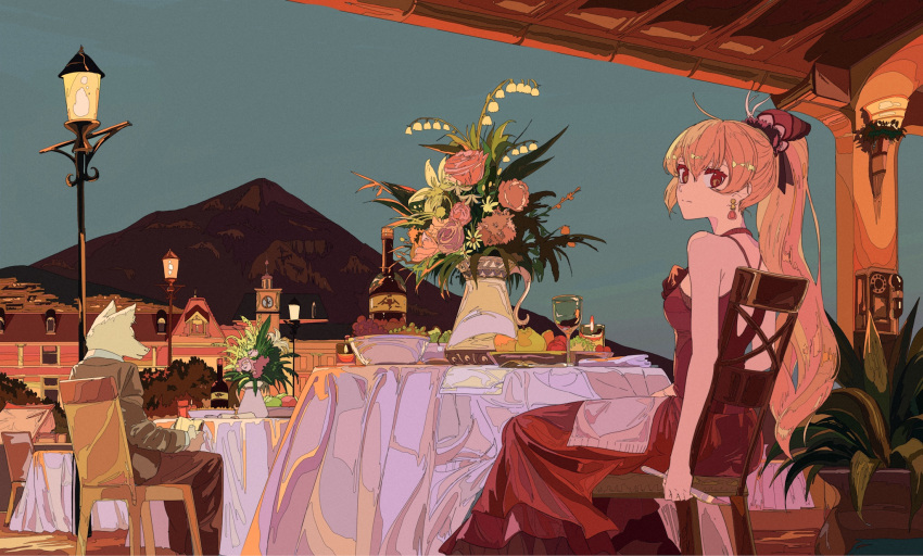 1girl blonde_hair candle chair clock clock_tower dress earrings flower food fruit grapes hair_ornament highres holding holding_knife jewelry knife kogecha_(coge_ch) long_hair looking_at_viewer mountain original pear phone red_dress red_eyes sitting table tower vase wolf_boy