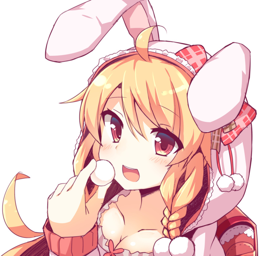 1girl abekawa_mochi ahoge animal_ears blonde_hair bow braid breasts cleavage eating flower_knight_girl food hood long_hair looking_at_viewer plaid plaid_bow rabbit_ears red_bow red_eyes smile solo susuki_(flower_knight_girl) upper_body white_background