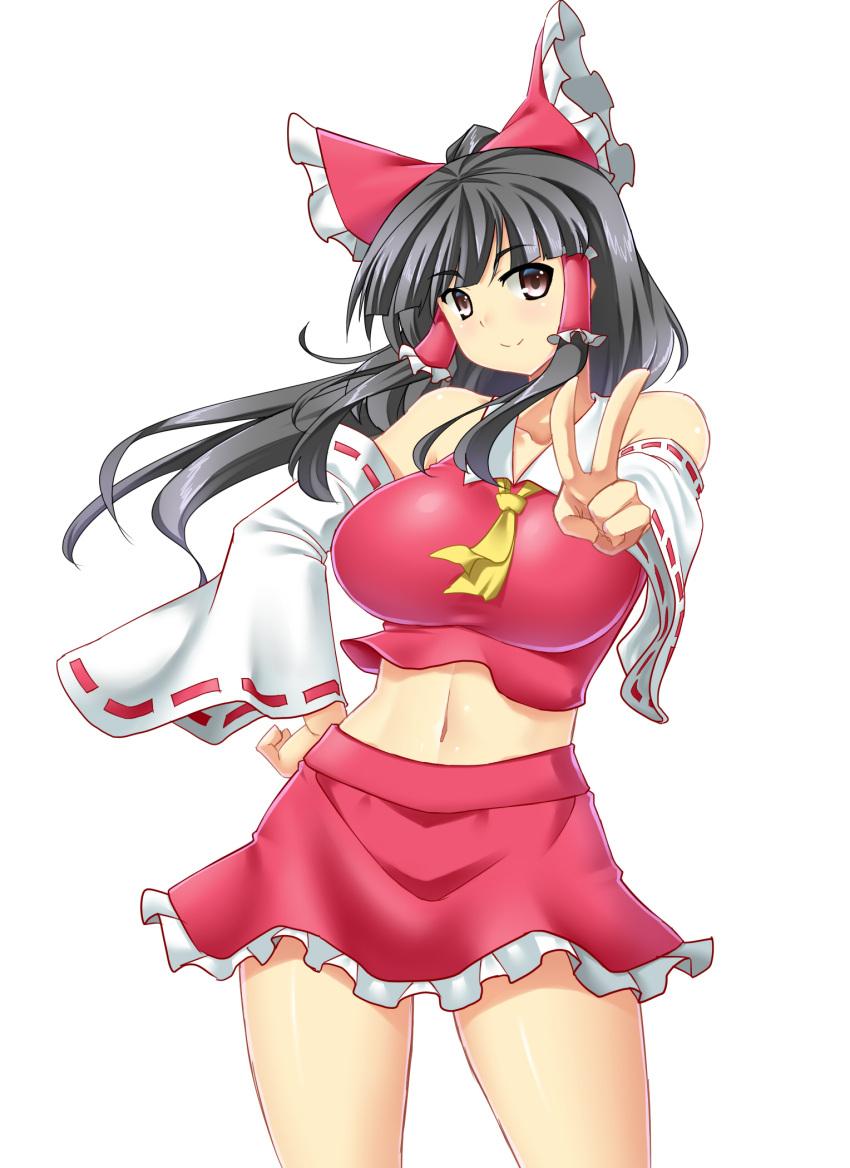 1girl alternate_breast_size ascot bangs bare_shoulders black_hair blunt_bangs bow breasts brown_eyes cowboy_shot detached_sleeves foreshortening frilled_skirt frills hair_bow hair_tubes hakurei_reimu hand_on_hip highres japanese_clothes large_breasts long_hair long_sleeves looking_at_viewer midriff miko mokkori9 navel red_bow red_shirt red_skirt ribbon-trimmed_sleeves ribbon_trim shirt skirt skirt_set sleeveless sleeveless_shirt smile solo stomach touhou v white_background wide_sleeves