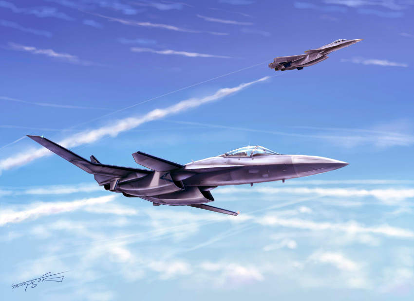 ace_combat aircraft airplane clouds condensation_trail fighter_jet glint highres jet military military_vehicle pilot signature sky thompson x-02_wyvern