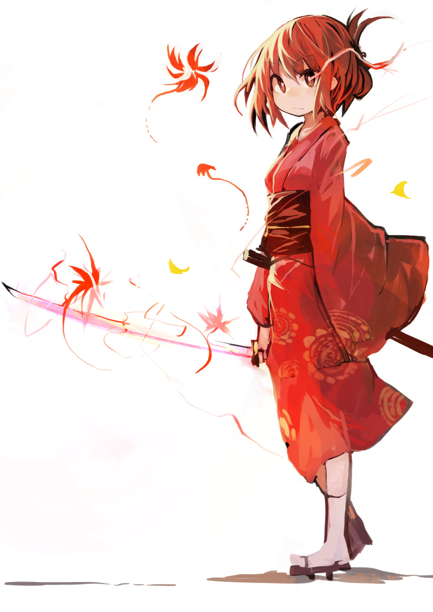 1girl absurdres alternate_costume brown_eyes brown_hair commentary_request highres holding holding_sword holding_weapon inazuma_(kantai_collection) japanese_clothes kaamin_(mariarose753) kantai_collection katana kimono kneehighs long_hair long_sleeves looking_at_viewer looking_to_the_side obi sandals sash sheath simple_background solo sword weapon white_background white_legwear wide_sleeves yukata
