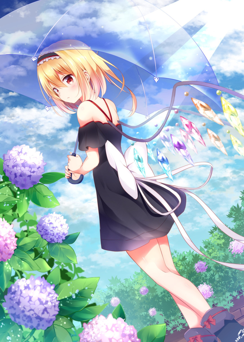 1girl absurdres alternate_costume alternate_hairstyle bare_shoulders black_dress black_shoes blonde_hair bow clouds cloudy_sky commentary_request crystal day dress dutch_angle flandre_scarlet flower hairband highres hydrangea hyurasan light_rays lolita_hairband looking_at_viewer looking_back no_hat no_headwear off-shoulder_dress off_shoulder outdoors parted_lips red_bow red_eyes shoe_bow shoes short_hair short_sleeves sky solo sunbeam sunlight touhou transparent_umbrella umbrella white_bow wings