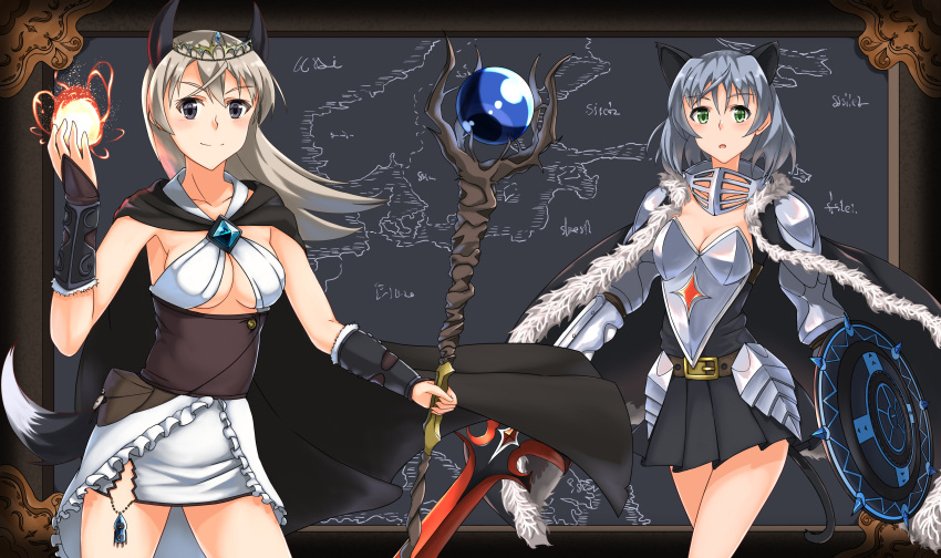 2girls absurdres alternate_costume animal_ears armor belt blue_hair blush breastplate breasts cape cleavage criss-cross_halter eila_ilmatar_juutilainen fantasy fireball gauntlets green_eyes halter_top halterneck highres hiroshi_(hunter-of-kct) looking_at_viewer magic multiple_girls open_mouth pleated_skirt sanya_v_litvyak shield silver_hair skirt spaulders staff strike_witches sword tail tiara under_boob vambraces violet_eyes weapon world_witches_series