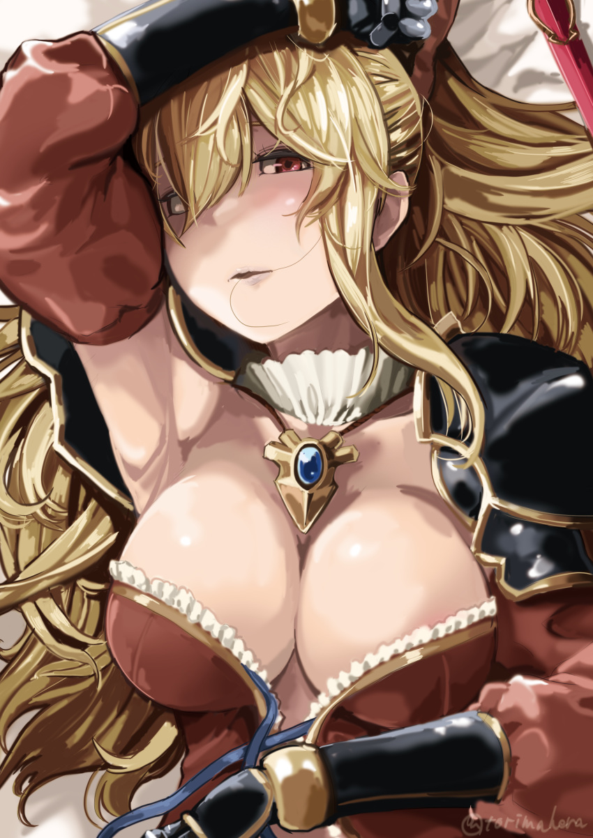 1girl absurdres bangs black_bow blonde_hair bow breasts cleavage detached_collar detached_sleeves dress gauntlets granblue_fantasy hair_bow hair_in_mouth highres long_hair long_sleeves looking_at_viewer lying medium_breasts on_back open_mouth red_eyes solo torimahera twitter_username untied vira