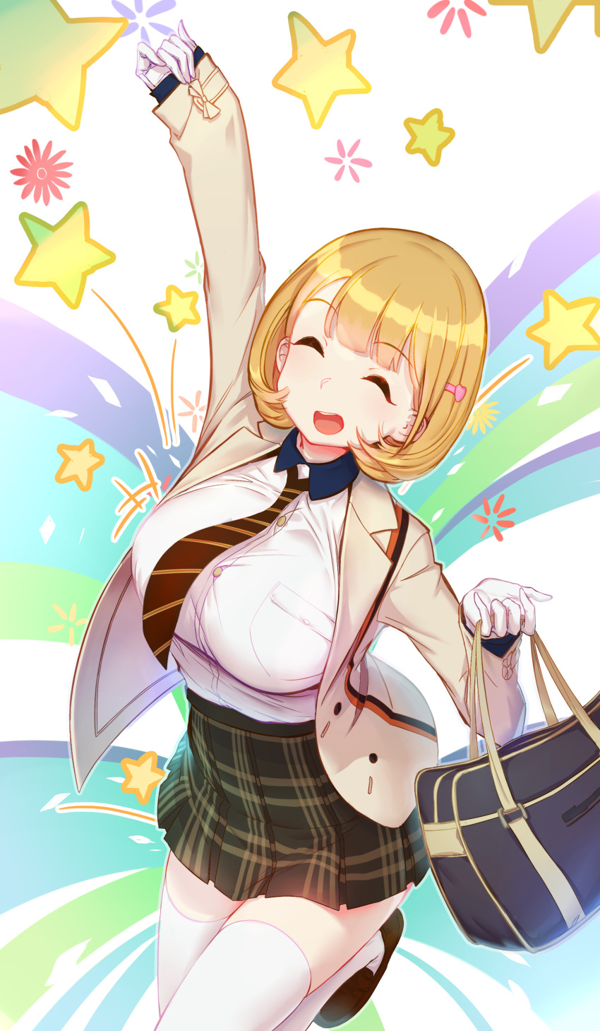 1girl absurdres arm_up bag blonde_hair bob_cut breasts closed_eyes gloves hair_ornament hairclip highres huge_breasts knee_up narusawa_ryouka necktie occultic;nine open_mouth pleated_skirt school_bag school_uniform short_hair skirt sleeves_past_wrists smile solo star thigh-highs white_gloves wu_(4401153) zettai_ryouiki