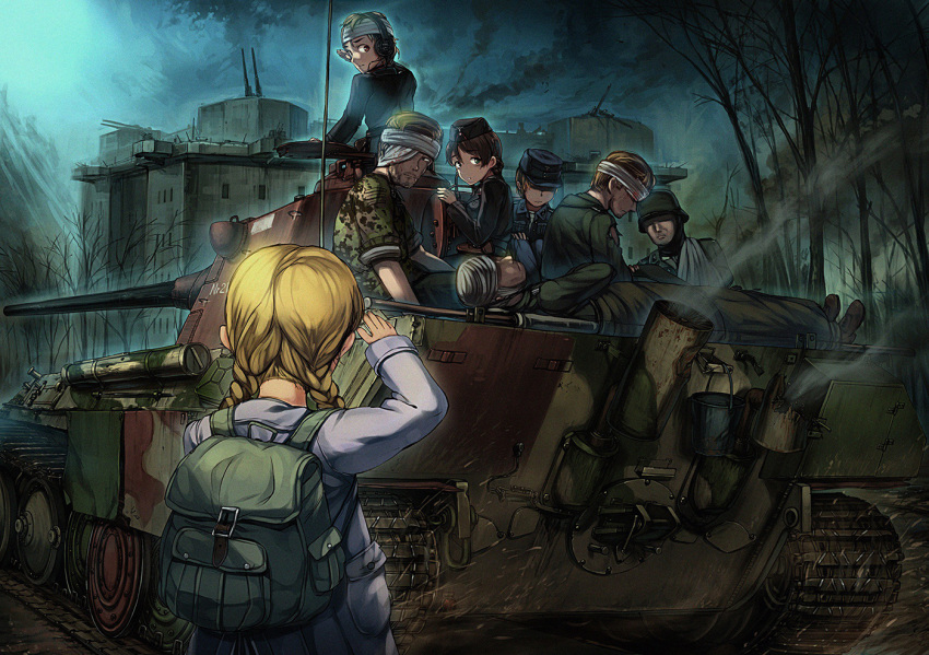 2girls 6+boys antiaircraft_weapon backpack bag bandage_over_one_eye bandaged_head bandages bare_tree black_hair blonde_hair blood braid brown_hair child commentary dark facial_hair garrison_cap ground_vehicle hat headset hino_katsuhiko holster injury long_hair looking_at_another looking_back looking_to_the_side lying military military_uniform military_vehicle motor_vehicle mud multiple_boys multiple_girls no_eyes on_back original panzerkampfwagen_panther salute short_hair single_braid sleeves_rolled_up soldier steam stretcher stubble tank torn_clothes tree twin_braids uniform war world_war_ii
