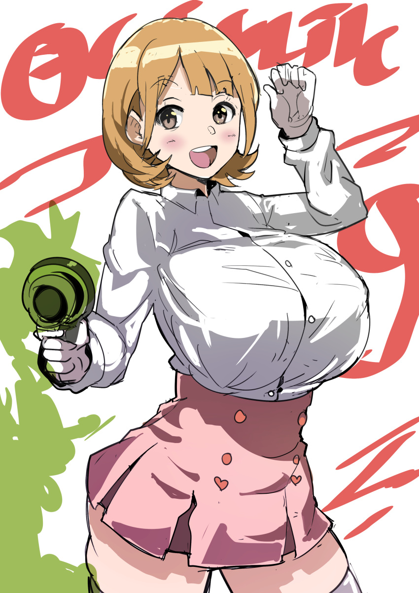1girl absurdres breasts brown_eyes brown_hair energy_gun gloves highres huge_breasts julioalqae narusawa_ryouka occultic;nine open_mouth ray_gun weapon