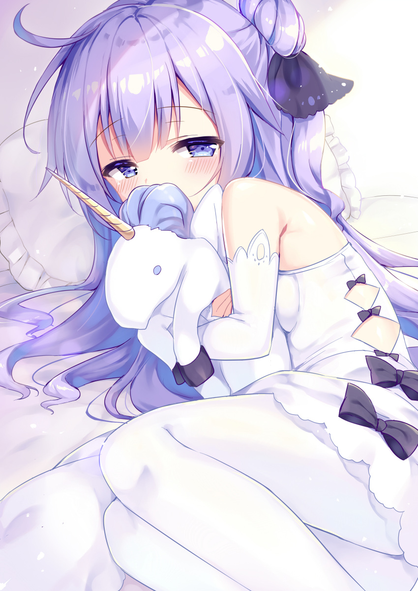 1girl absurdres ahoge azur_lane bangs black_bow black_ribbon blush bow commentary_request covered_mouth detached_sleeves dress eyebrows_visible_through_hair frilled_pillow frills hair_bun hair_ribbon highres long_sleeves looking_at_viewer lying natsuki_marina object_hug on_side one_side_up pantyhose pillow purple_hair ribbon side_bun sleeves_past_wrists solo stuffed_animal stuffed_pegasus stuffed_toy stuffed_unicorn unicorn_(azur_lane) violet_eyes white_dress white_legwear
