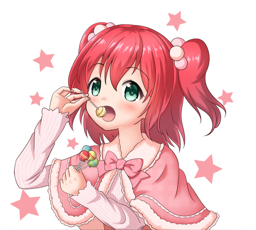 1girl artist_request bow bowtie candy capelet dress eating food green_eyes hair_bobbles hair_ornament holding holding_food kurosawa_ruby lollipop love_live! love_live!_sunshine!! pink_bow pink_bowtie redhead solo star striped_sleeves two_side_up