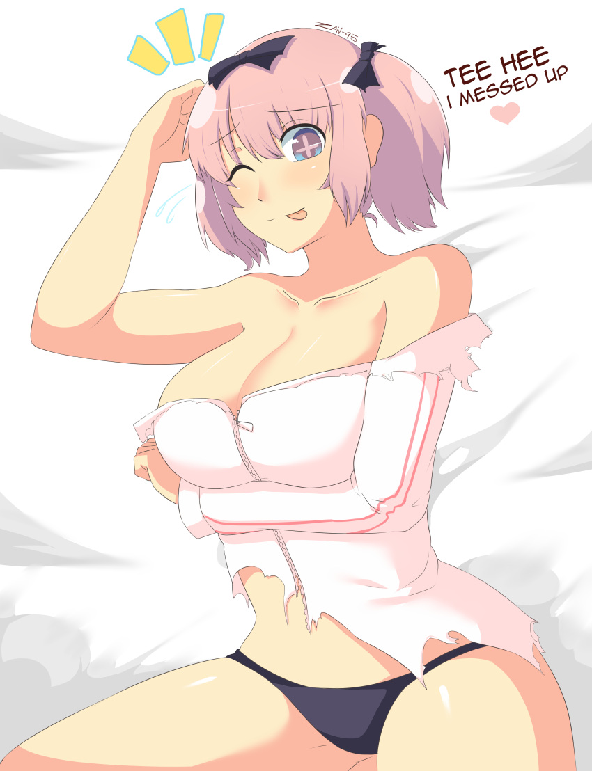 +_+ 1girl ;p absurdres bare_shoulders blue_eyes blush bow breast_hold breasts buruma cleavage hair_bow hibari_(senran_kagura) highres jacket large_breasts looking_at_viewer nas_(z666ful) one_eye_closed pink_hair senran_kagura senran_kagura_(series) short_hair short_twintails smile solo symbol-shaped_pupils tongue tongue_out torn_clothes track_jacket twintails