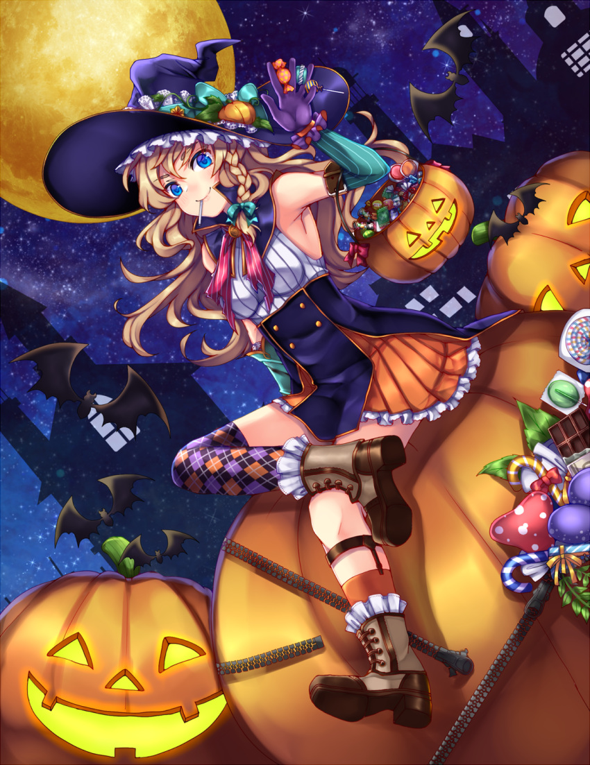 &gt;:) 13_(spice!!) 1girl alternate_costume argyle argyle_legwear armpits bare_shoulders bat blonde_hair blue_bow blue_eyes blush boots bow braid breasts brown_boots bucket building candy closed_mouth detached_sleeves dutch_angle food_in_mouth frilled_skirt frills full_body full_moon gloves hair_bow halloween halloween_costume hat hat_bow hat_ornament highres jack-o'-lantern kirisame_marisa kneehighs lollipop long_hair looking_at_viewer medium_breasts moon neck_ribbon night night_sky orange_legwear orange_skirt outdoors purple_gloves red_ribbon ribbon side_braid single_kneehigh sitting skirt sky smile socks solo striped striped_ribbon touhou witch_hat