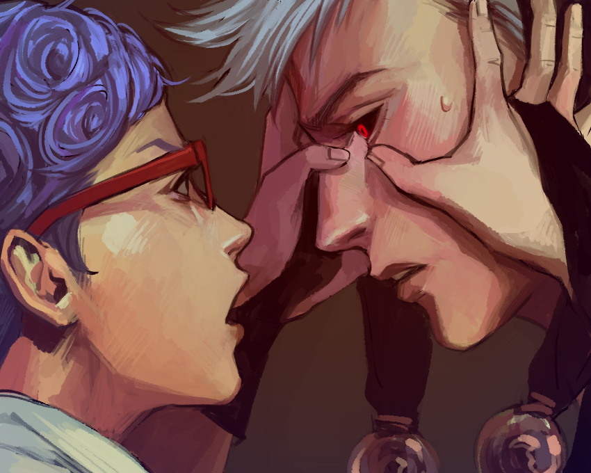 2boys black_sclera blue_hair curly_hair from_side ghiaccio glasses gloves hands_on_another's_face hat highres jojo_no_kimyou_na_bouken male_focus meron_nouka multiple_boys open_mouth partly_fingerless_gloves red_eyes risotto_nero silver_hair sweatdrop