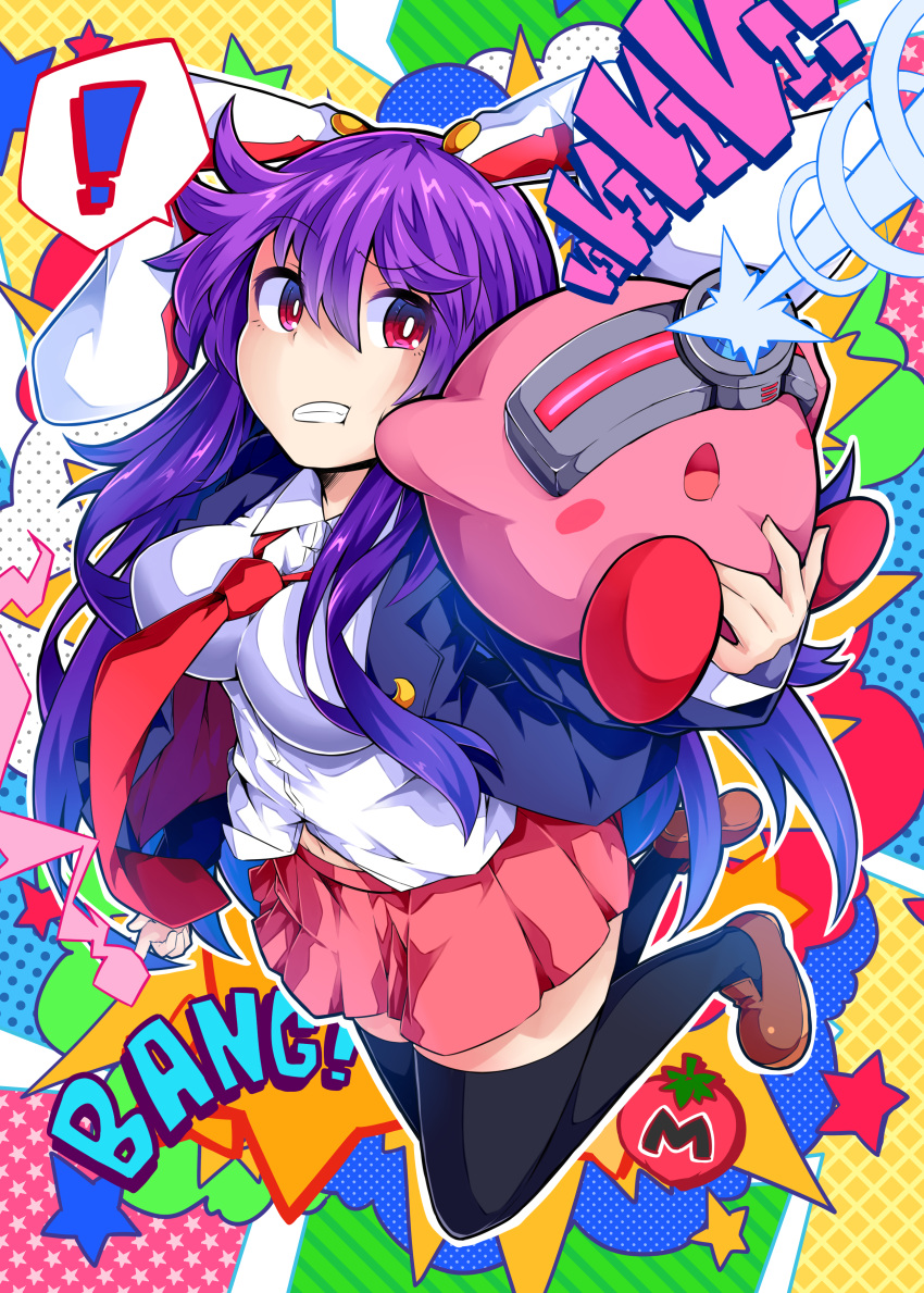 ! 1girl absurdres belly_peek bent_knees blazer blush_stickers breasts brown_shoes clenched_teeth commentary_request copy_ability crossover dress_shirt eye_beam full_body highres ishimu jacket kirby kirby_(series) large_breasts long_hair looking_at_viewer navel necktie open_blazer open_clothes open_jacket open_mouth pink_skirt purple_hair red_eyes red_necktie reisen_udongein_inaba shirt shoes sidelocks skirt spoken_exclamation_mark teeth touhou white_shirt