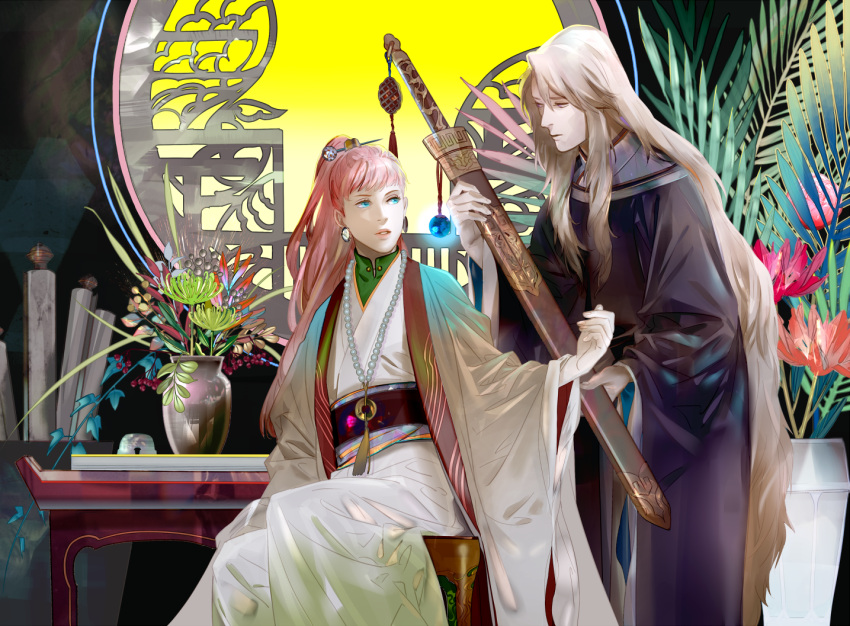 1boy 1girl blue_eyes chinese_clothes desk earrings hair_ornament hairpin indoors jewelry juuni_kokuki keiki long_hair looking_at_another nakajima_youko necklace plant ponytail potted_plant redhead saiga_tokihito scabbard sheath sitting standing sword very_long_hair violet_eyes weapon white_hair